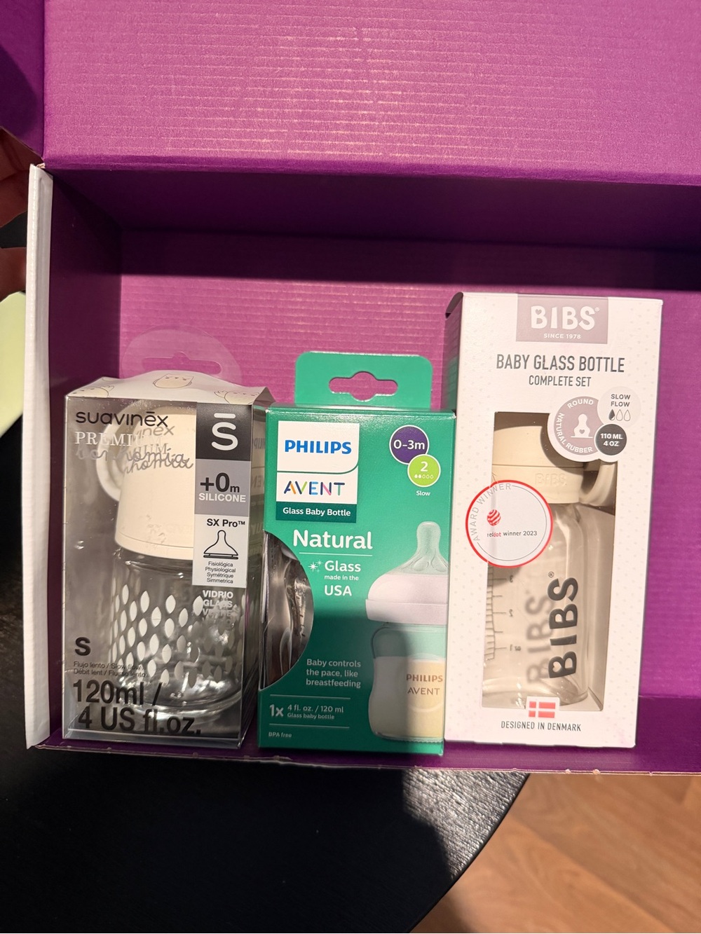 Baby list glass bottle box- Philips Avent , bibs and sauvinex
